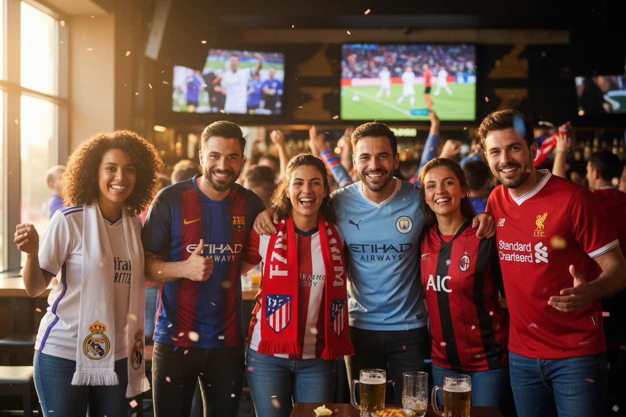 genera una imagen de 6 personas como si fueran hinchas de un club, cada una de ellas lleva un equipo diferente como son el Madrid, barsa, atletico, city, milan y liverpool